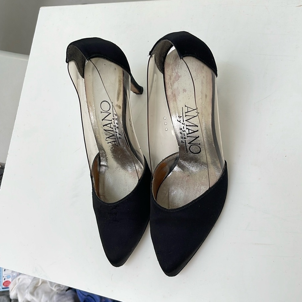 Black satin clear sides high heel Shoes three inch heels. Genuine leather USA
